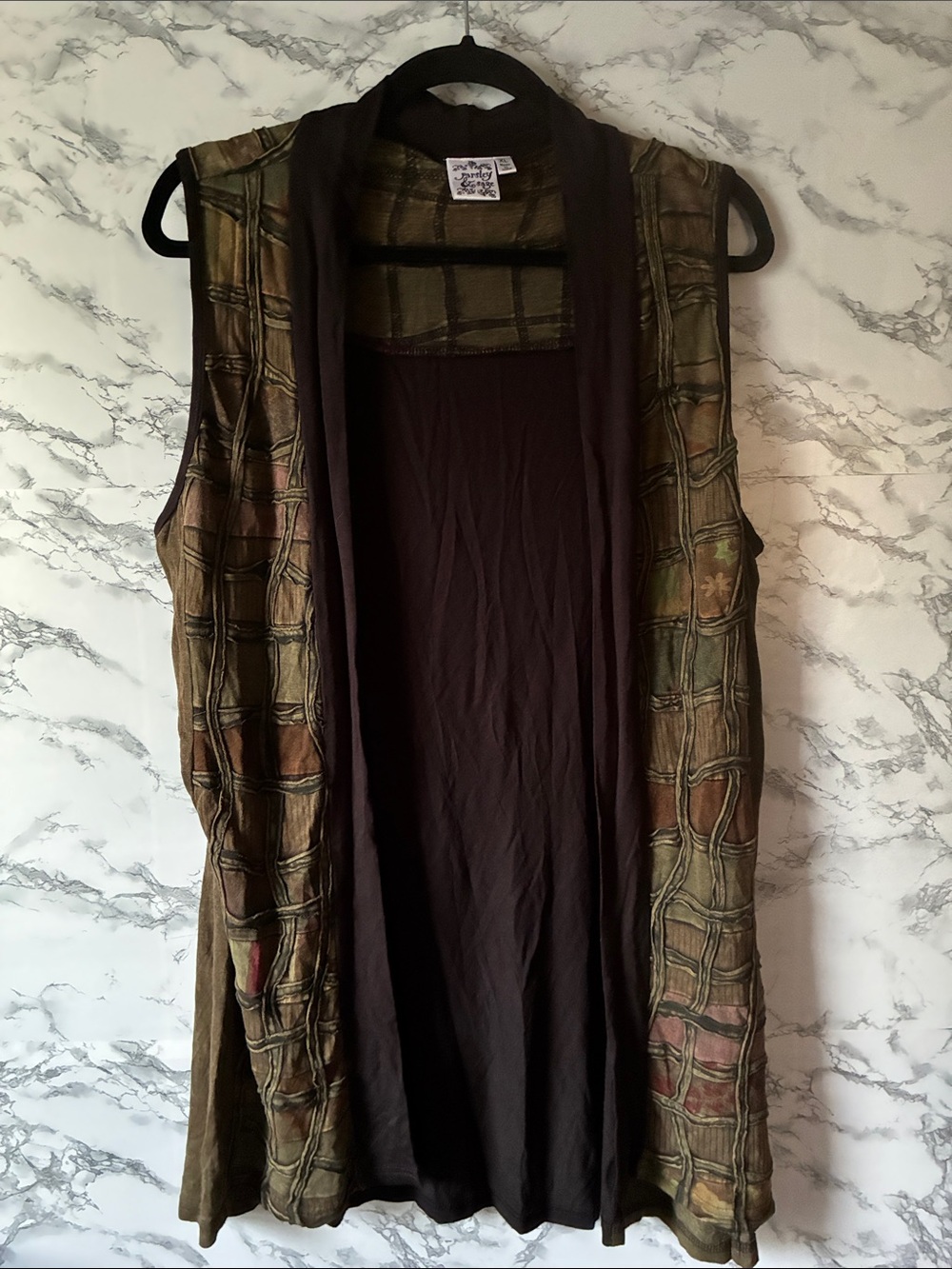 Parsley & Sage XL Olive/Black Open Front Patchwork Vest